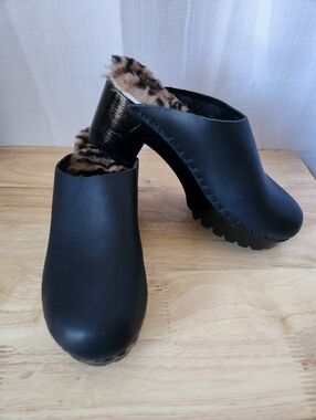 No.6 Liza Leqther Clogs Mid-Tread Lug Sole Zebra Print Shearling Lining Size 40